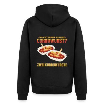 Was ist besser als eine Currywurst? Zwei Currywürs - Unisex Premium Bio Zip Hoodie - Schwarz - Hinten - Nico (187cm)