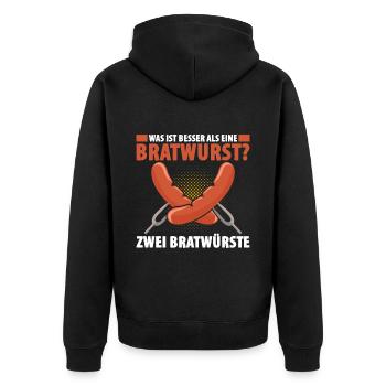Was ist besser als eine Bratwurst? Zwei Bratwürste - Unisex Premium Bio Zip Hoodie - Schwarz - Hinten - Nico (187cm)