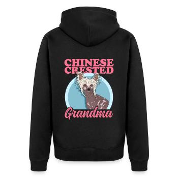 Chinesischer Schopfhund Chinese Crested Oma - Unisex Premium Bio Zip Hoodie - Schwarz - Hinten - Nico (187cm)
