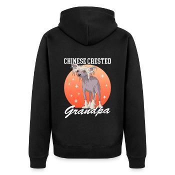 Chinese Crested Opa | Chinesischer Schopfhund - Unisex Premium Bio Zip Hoodie - Schwarz - Hinten - Nico (187cm)