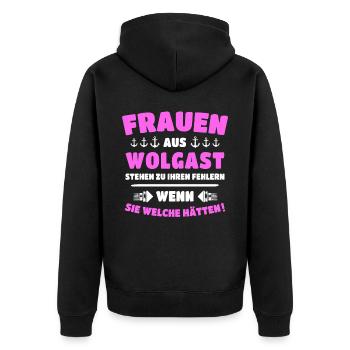Wolgast Frau Wolgaster Frauen - Unisex Premium Bio Zip Hoodie - Schwarz - Hinten - Nico (187cm)