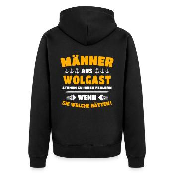 Wolgast Mann Wolgaster Männer - Unisex Premium Bio Zip Hoodie - Schwarz - Hinten - Nico (187cm)