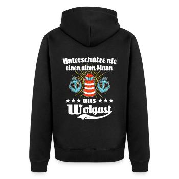 Wolgast Mann Wolgaster Männer - Unisex Premium Bio Zip Hoodie - Schwarz - Hinten - Nico (187cm)