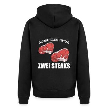 Was ist besser als ein Steak? Zwei Steaks Lieblibg - Unisex Premium Bio Zip Hoodie - Schwarz - Hinten - Nico (187cm)