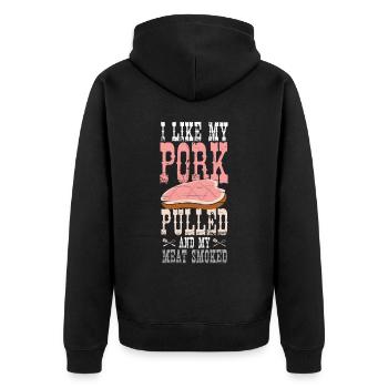 Barbeque I Like My Pork Pulled Smoked - Unisex Premium Bio Zip Hoodie - Schwarz - Hinten - Nico (187cm)