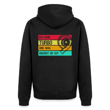 Turbolader Werkstatt Retro Tuning - Unisex Premium Bio Zip Hoodie - Schwarz - Hinten - Nico (187cm)