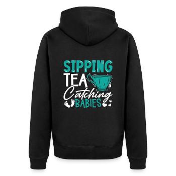 Ob/Gyn Nurse Sipping Tea And Catching Obstetrician - Unisex Premium Organic Zip Hoodie - black - Back - Nico (187cm)