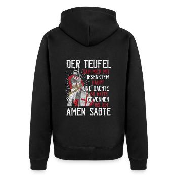 Der Teufel hat mich gesehen Tempelritter Kreuzzug - Unisex Premium Bio Zip Hoodie - Schwarz - Hinten - Nico (187cm)