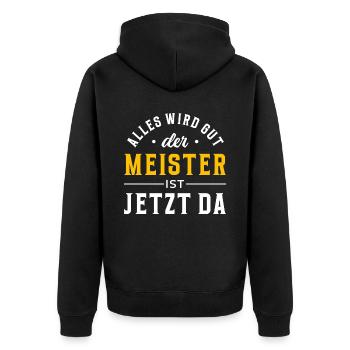 Alles wird gut, der Meister ist jetzt da - Unisex Premium Bio Zip Hoodie - Schwarz - Hinten - Nico (187cm)