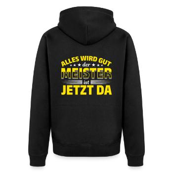 Alles wird gut, der Meister ist jetzt da - Unisex Premium Bio Zip Hoodie - Schwarz - Hinten - Nico (187cm)
