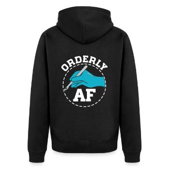 Chirurgischer Assistent Orderly AF - Unisex Premium Bio Zip Hoodie - Schwarz - Hinten - Nico (187cm)