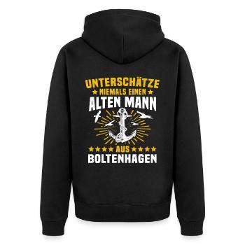 Boltenhagen Unterschätze Boltenhagener Mann - Unisex Premium Bio Zip Hoodie - Schwarz - Hinten - Nico (187cm)