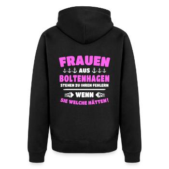 Boltenhagen Frau Boltenhagener Frauen - Unisex Premium Bio Zip Hoodie - Schwarz - Hinten - Nico (187cm)