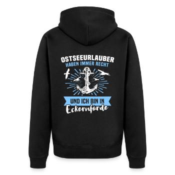 Eckernförde Urlaub Spruch - Unisex Premium Bio Zip Hoodie - Schwarz - Hinten - Nico (187cm)