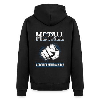 Metall arbeitet mehr als du - Handewrk Outfit - Unisex Premium Bio Zip Hoodie - Schwarz - Hinten - Nico (187cm)