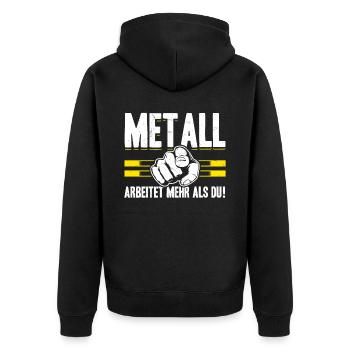 Metall arbeitet mehr als du - Handewrk Outfit - Unisex Premium Bio Zip Hoodie - Schwarz - Hinten - Nico (187cm)