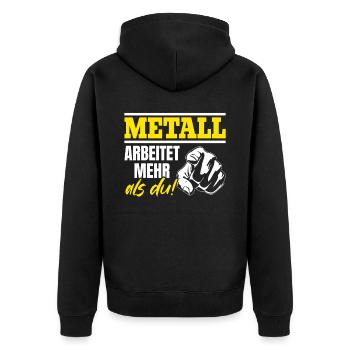 Metall arbeitet mehr als du - Handewrk Outfit - Unisex Premium Bio Zip Hoodie - Schwarz - Hinten - Nico (187cm)