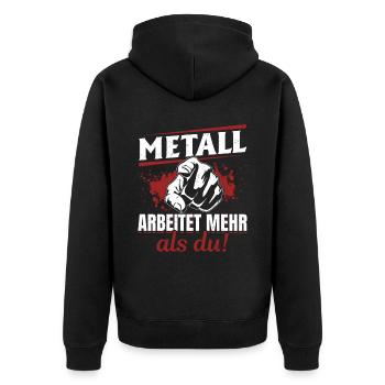 Metall arbeitet mehr als du - Handewrk Outfit - Unisex Premium Bio Zip Hoodie - Schwarz - Hinten - Nico (187cm)