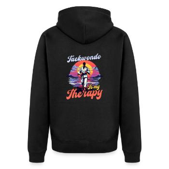 Taekwondo-Kämpfer ist Therapie Vintage Retro Sonnenuntergang - Unisex Premium Bio Zip Hoodie - Schwarz - Hinten - Nico (187cm)