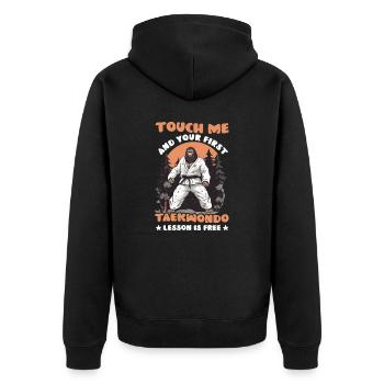 Taekwondo-Kämpfer Berühre mich für die Lektion - Unisex Premium Bio Zip Hoodie - Schwarz - Hinten - Nico (187cm)