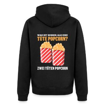 Was ist besser als eine Tüte Popcorn? Zwei Tüten P - Unisex Premium Bio Zip Hoodie - Schwarz - Hinten - Nico (187cm)