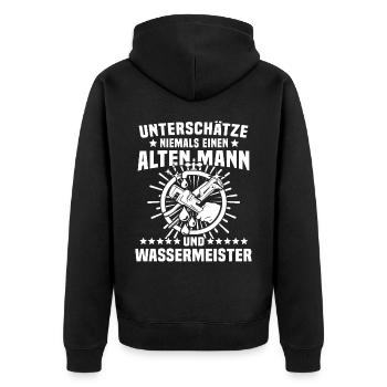 Wassermeister Sprüche - Unisex Premium Bio Zip Hoodie - Schwarz - Hinten - Nico (187cm)