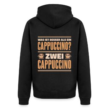 Was ist besser als ein Cappuccino? Zwei Cappuccino - Unisex Premium Bio Zip Hoodie - Schwarz - Hinten - Nico (187cm)