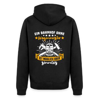 Wagenmeister Superkraft - Unisex Premium Bio Zip Hoodie - Schwarz - Hinten - Nico (187cm)