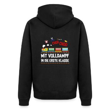 Mit Volldampf in die Erste klasse Eisenbahn Zug - Unisex Premium Bio Zip Hoodie - Schwarz - Hinten - Nico (187cm)