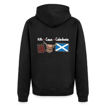 Kilts Vaches Calédonie - Veste à capuche bio Premium Unisexe - noir - Dos - Nico (187cm)