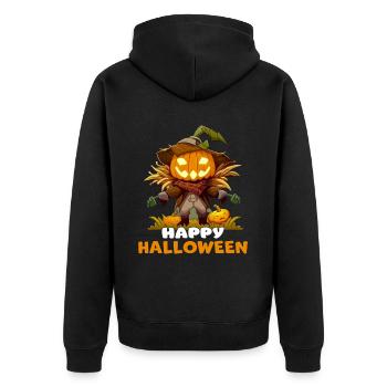 Fröhliche Halloween Kürbis Vogelscheuche Grafik - Unisex Premium Bio Zip Hoodie - Schwarz - Hinten - Nico (187cm)