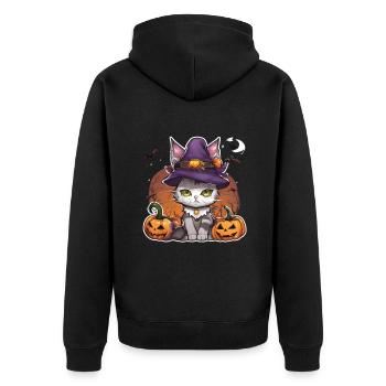 Weiße katze Katze Halloween Katze Hexe hexen Hut - Unisex Premium Bio Zip Hoodie - Schwarz - Hinten - Nico (187cm)