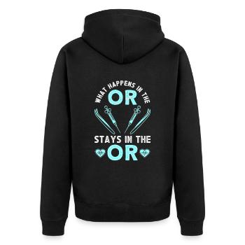 Was Passiert In Der Oder Bleibt In Der OR - - Unisex Premium Bio Zip Hoodie - Schwarz - Hinten - Nico (187cm)