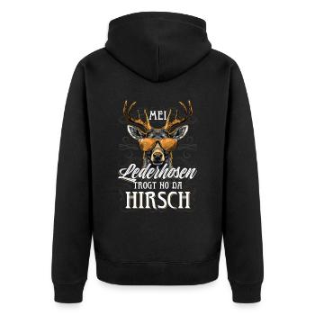 Mei Lederhosn is in da Wäsch Lederhose Ersatz - Unisex Premium Bio Zip Hoodie - Schwarz - Hinten - Nico (187cm)