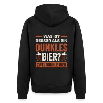 Was ist besser als ein Dunkles Bier? Zwei Dunkle B - Unisex Premium Bio Zip Hoodie - Schwarz - Hinten - Nico (187cm)