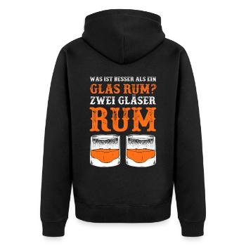 Was ist besser als ein Glas Rum? Zwei Gläser Rum G - Unisex Premium Bio Zip Hoodie - Schwarz - Hinten - Nico (187cm)