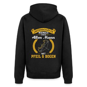 Unterschätze niemals einen Mann mit Pfeil & Bogen - Unisex Premium Bio Zip Hoodie - Schwarz - Hinten - Nico (187cm)
