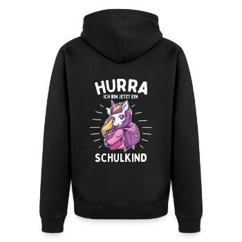 Hurra ich bin jetzt ein Schulkind - Unisex Premium Bio Zip Hoodie - Schwarz - Hinten - Nico (187cm)