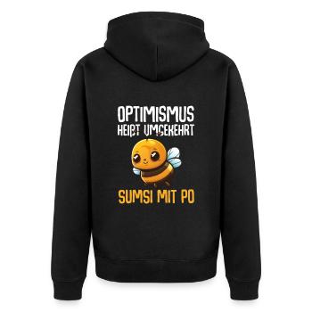 Optimismus heißt umgekehrt Sumsi mit Po - Unisex Premium Bio Zip Hoodie - Schwarz - Hinten - Nico (187cm)