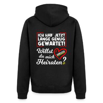 Willst du mich endlich heiraten? Heiratsantrag - Unisex Premium Bio Zip Hoodie - Schwarz - Hinten - Nico (187cm)
