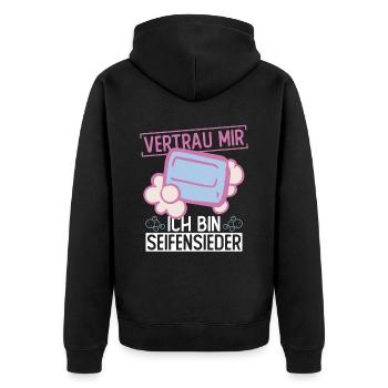 Vertrau Mir - Ich Bin Seifensieder - Seife - Unisex Premium Bio Zip Hoodie - Schwarz - Hinten - Nico (187cm)