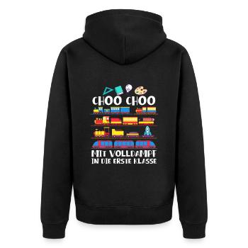 Mit Volldampf in die Erste klasse Eisenbahn Zug - Unisex Premium Bio Zip Hoodie - Schwarz - Hinten - Nico (187cm)