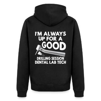Funny Drilling Session Dentallabortechniker - Unisex Premium Bio Zip Hoodie - Schwarz - Hinten - Nico (187cm)