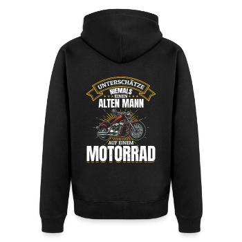 Unterschätze niemals einen Mann auf einem Motorrad - Unisex Premium Bio Zip Hoodie - Schwarz - Hinten - Nico (187cm)