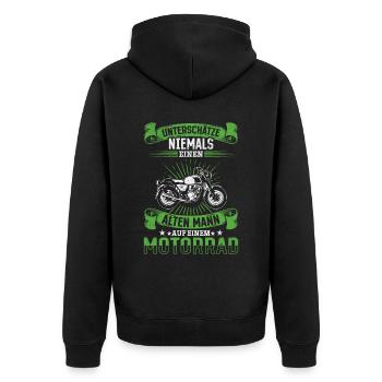 Unterschätze niemals einen Mann auf einem Motorrad - Unisex Premium Bio Zip Hoodie - Schwarz - Hinten - Nico (187cm)