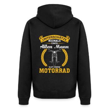 Unterschätze niemals einen Mann auf einem Motorrad - Unisex Premium Bio Zip Hoodie - Schwarz - Hinten - Nico (187cm)