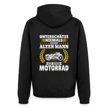 Unterschätze niemals einen Mann auf einem Motorrad - Unisex Premium Bio Zip Hoodie - Schwarz - Hinten - Nico (187cm)