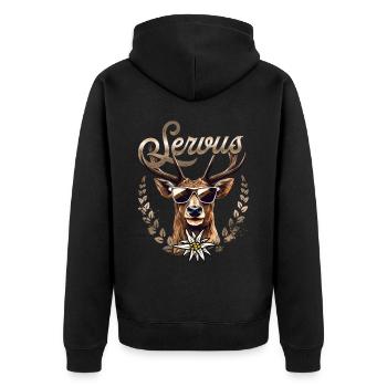 Trachtenshirt Herren Trachten T-Shirt Servus - Unisex Premium Bio Zip Hoodie - Schwarz - Hinten - Nico (187cm)