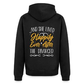 Happy Divorce Party …And She Lived - Unisex Premium Bio Zip Hoodie - Schwarz - Hinten - Nico (187cm)