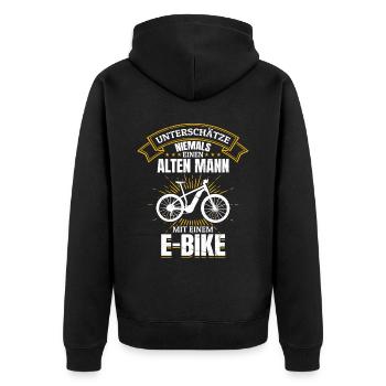 Unterschätze niemals einen Mann mit einem E-Bike - Unisex Premium Bio Zip Hoodie - Schwarz - Hinten - Nico (187cm)